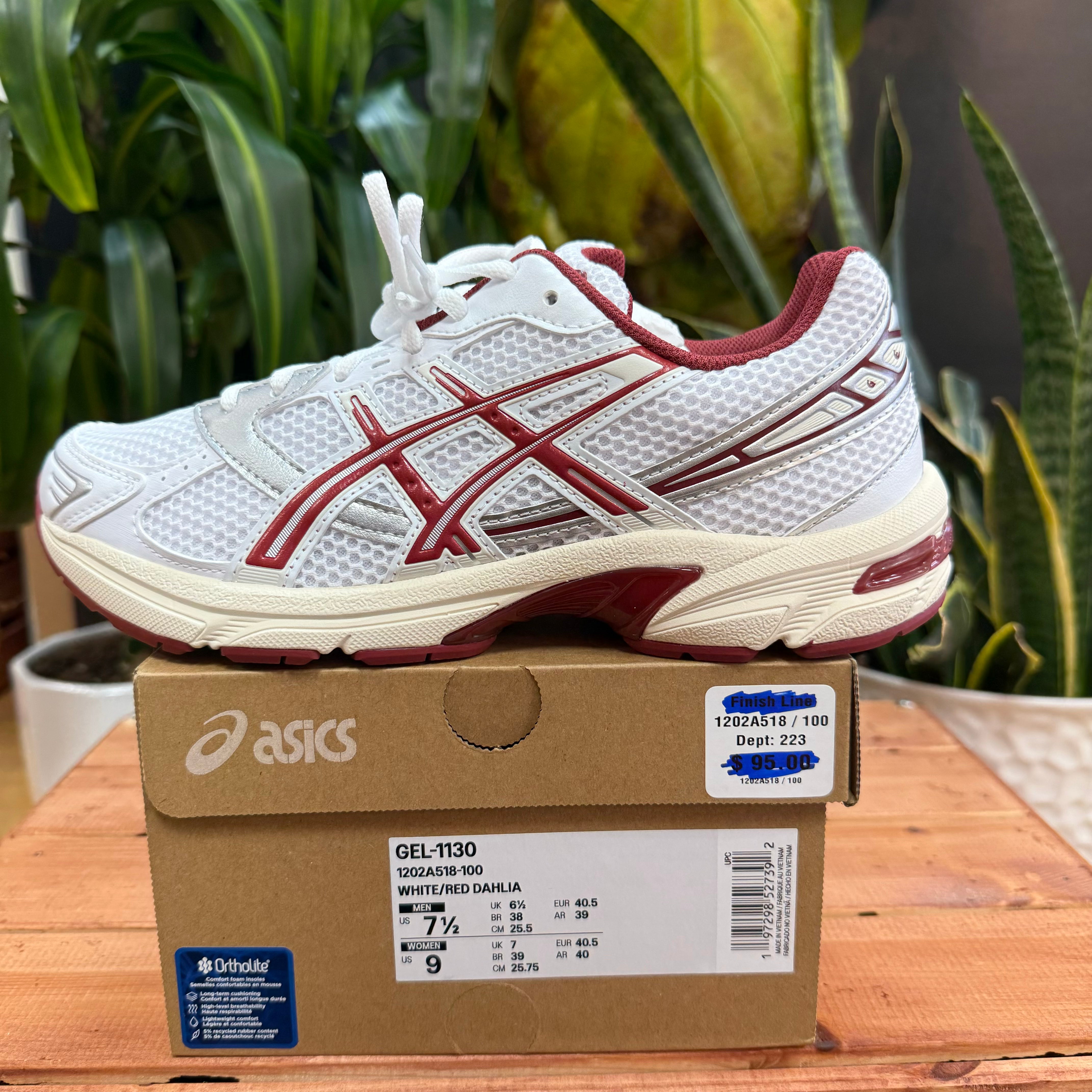 ASICS Gel-1130 White Red Dahlia, Mens 7.5, W9