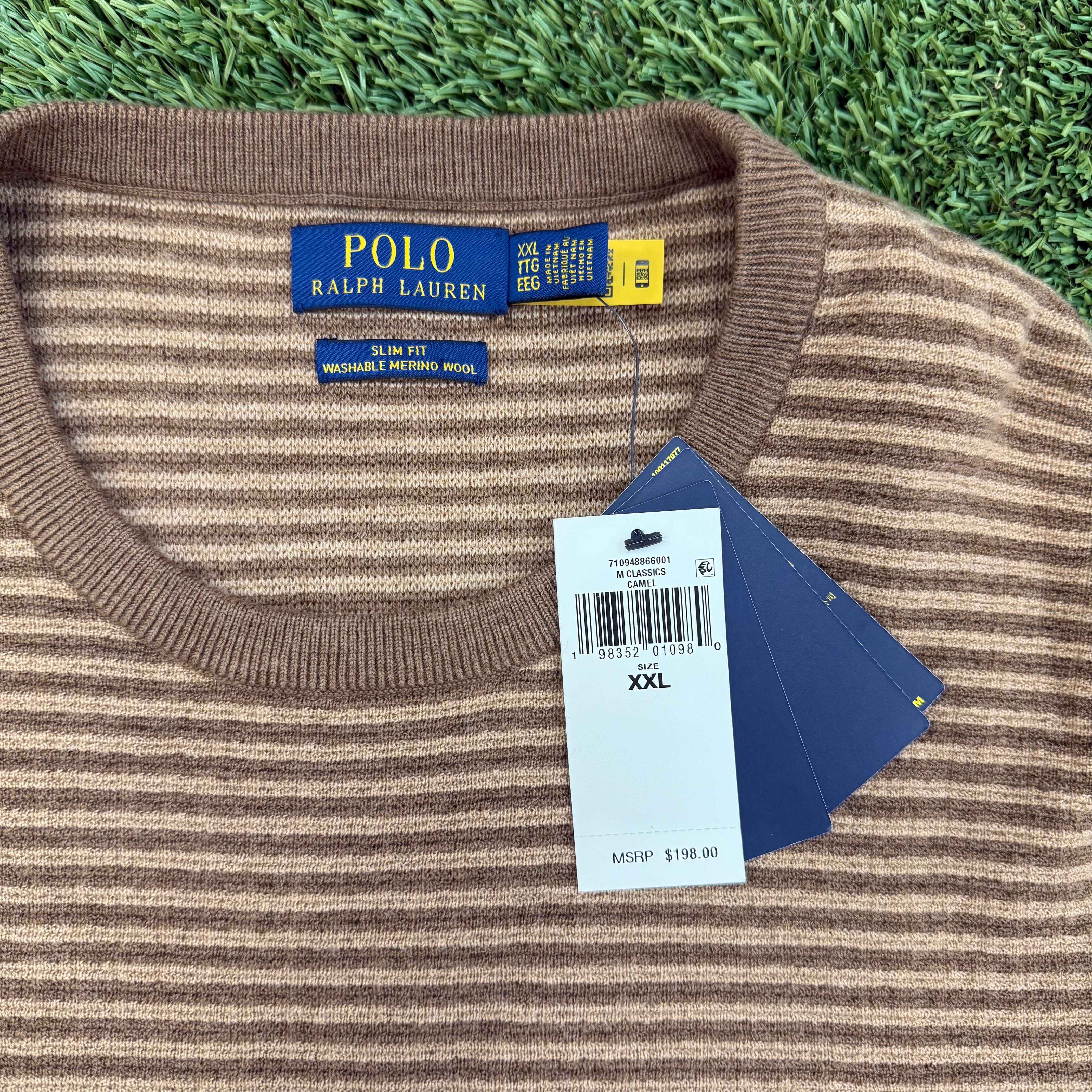 Polo Ralph Lauren Slim Fit Merino Wool Stripe Sweater - Camel, XXL NWT