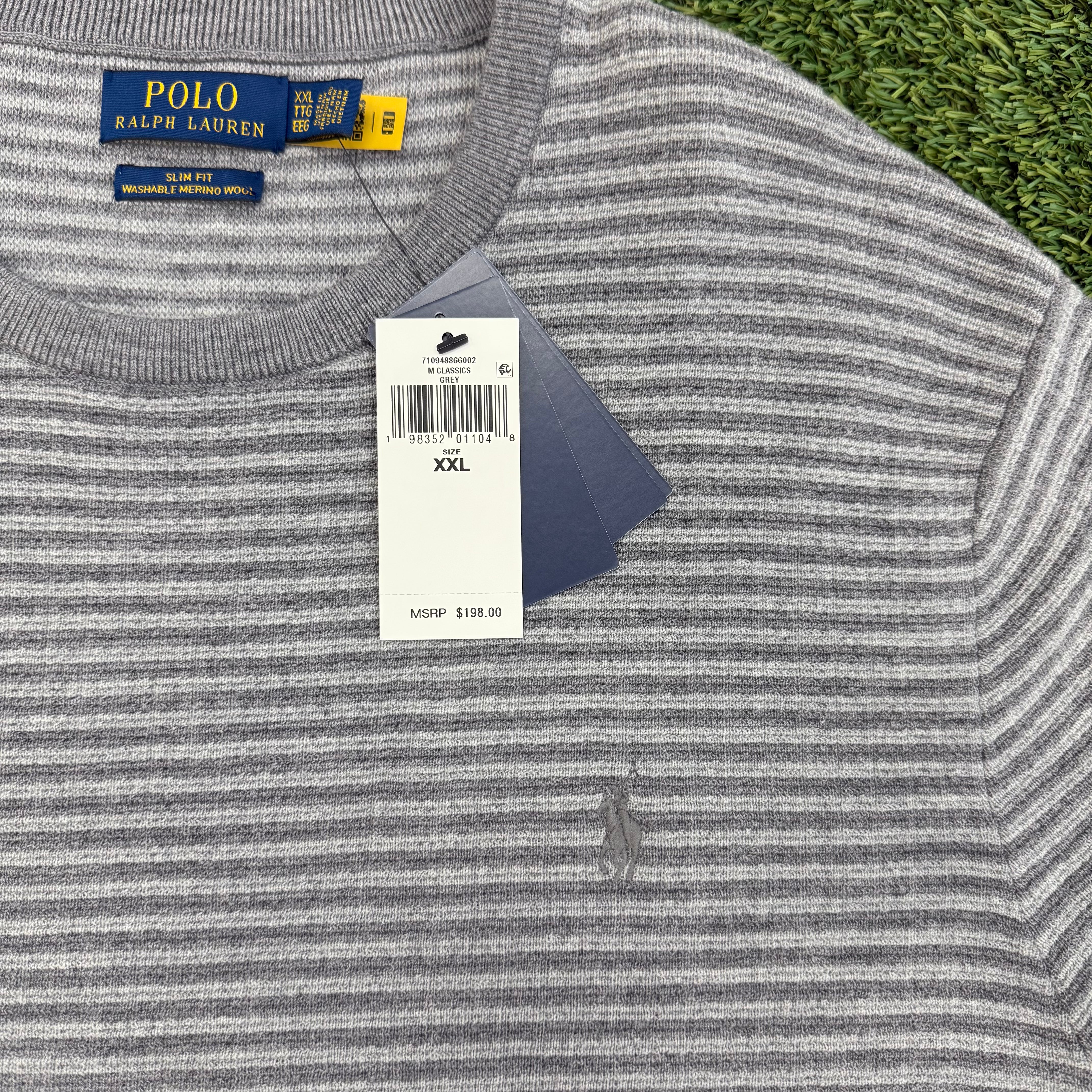 Polo Ralph Lauren Slim Fit Merino Wool Stripe Sweater - Gray, XXL NWT