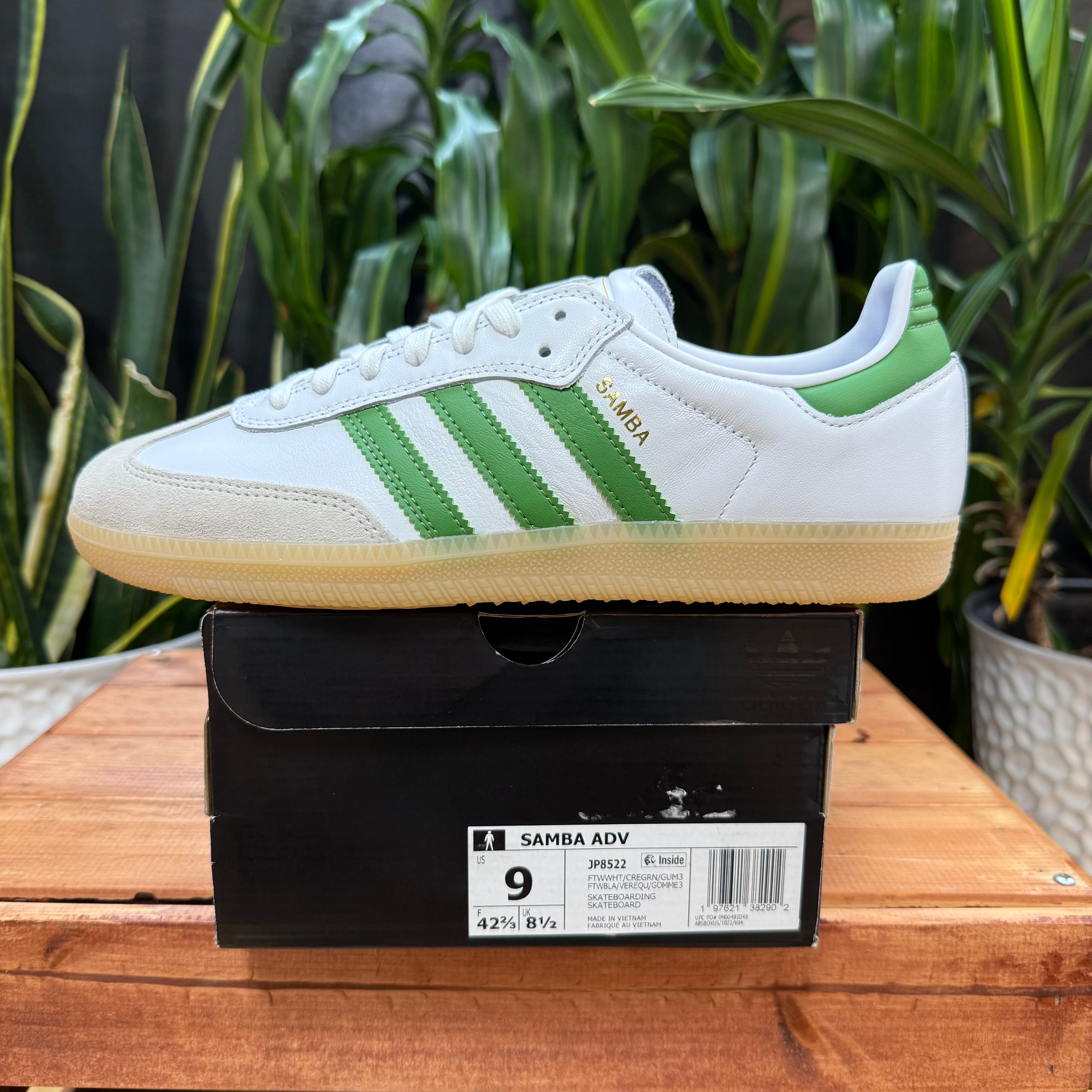 Adidas Samba ADV White/Crew Green, Mens 9, W10.5