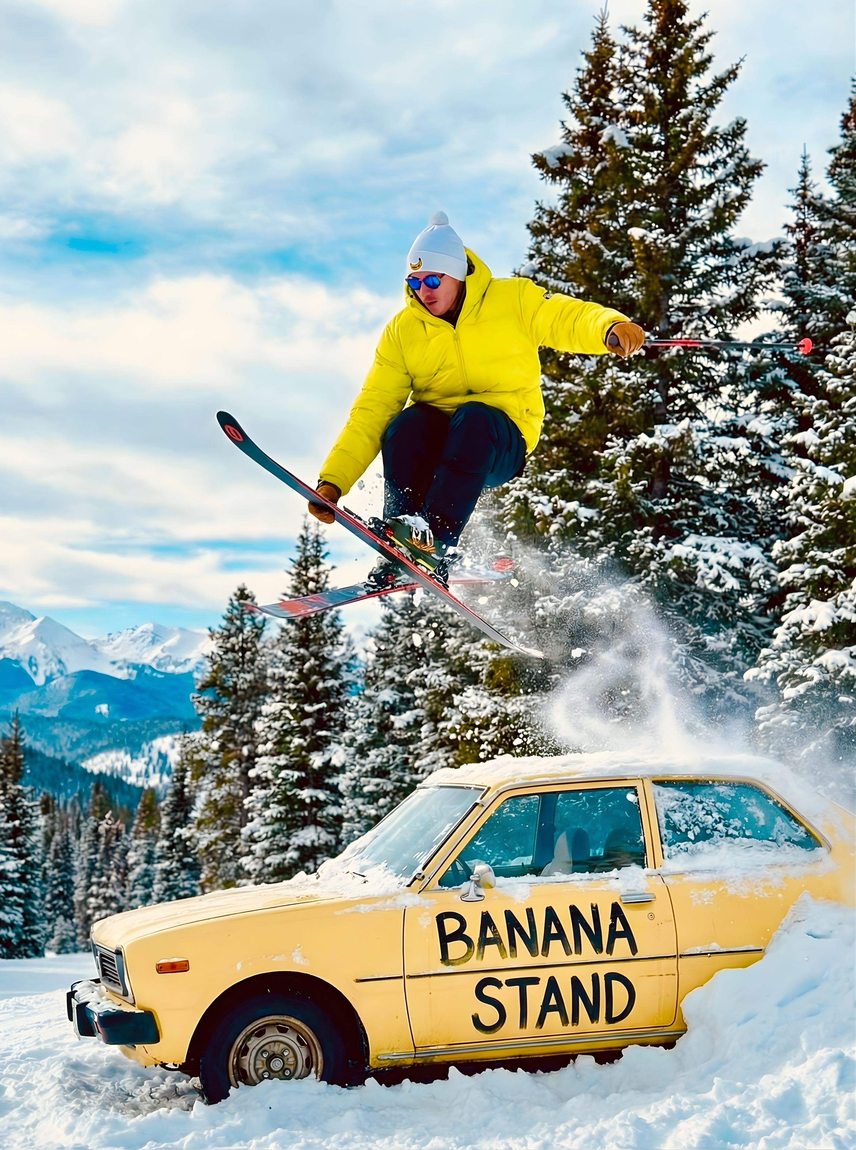 Person skiing over a car labeled 'Banana Stand' with a snowy landscape and trees in the background