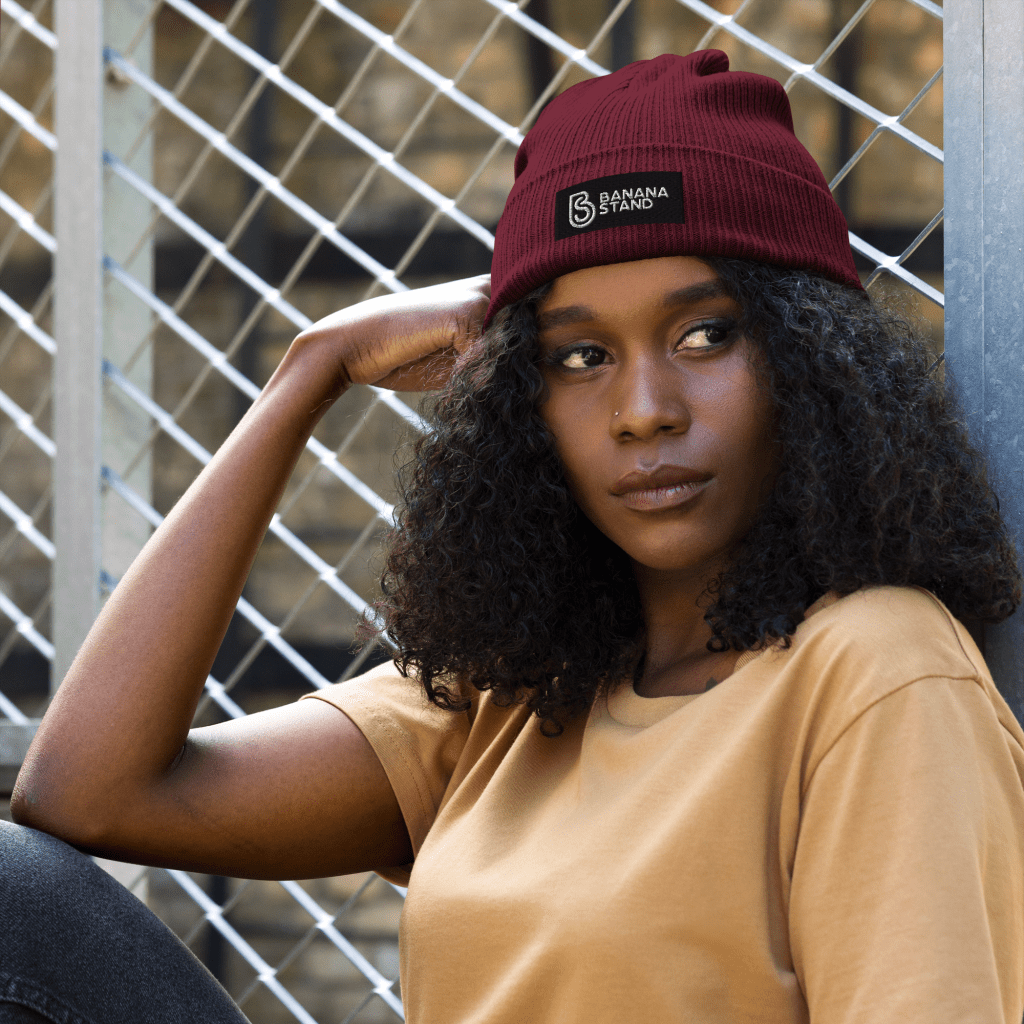 Banana Stand Organic Ribbed Box Logo Beanie, Maroon - Banana Stand