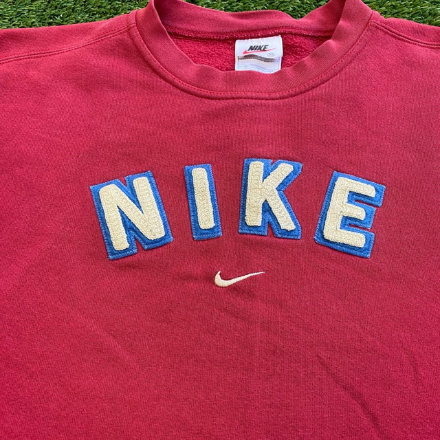Nike 1990s Vintage Spell Out Swoosh/Check Red Crewneck, M - Banana Stand