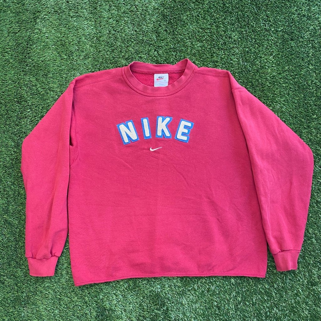 Nike 1990s Vintage Spell Out Swoosh/Check Red Crewneck, M - Banana Stand