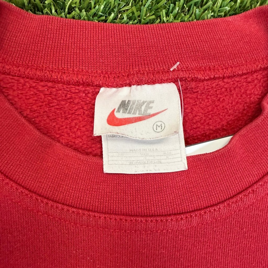 Nike 1990s Vintage Spell Out Swoosh/Check Red Crewneck, M - Banana Stand