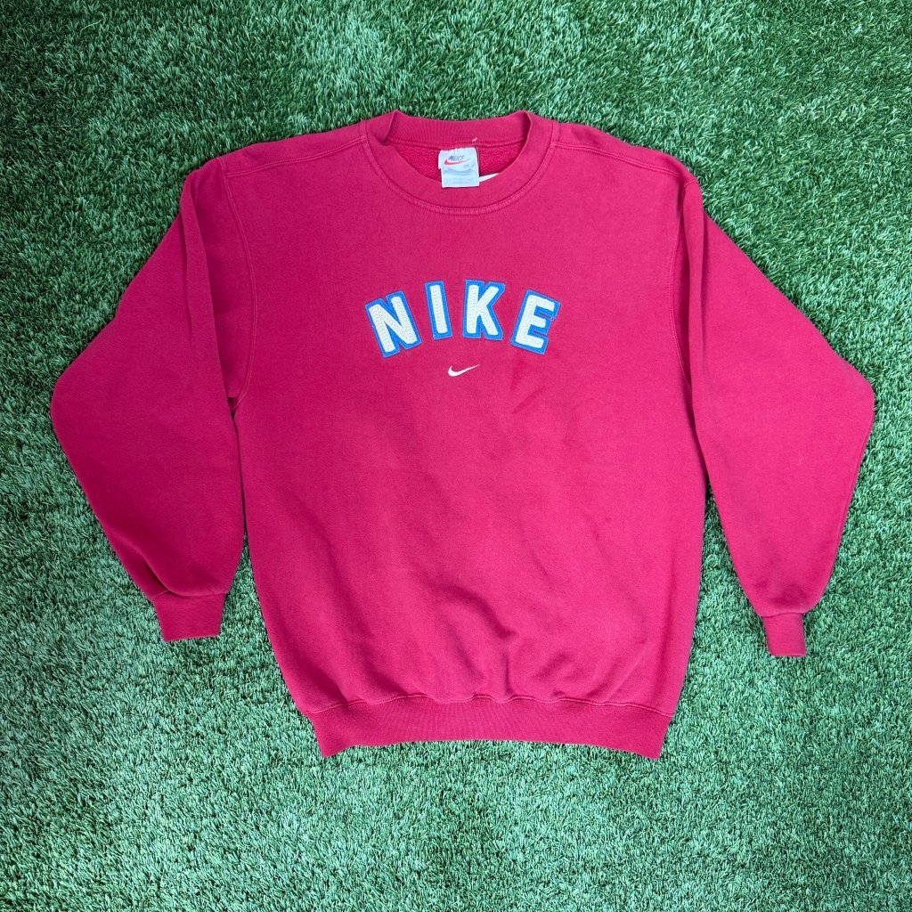 Nike 1990s Vintage Spell Out Swoosh/Check Red Crewneck, M - Banana Stand