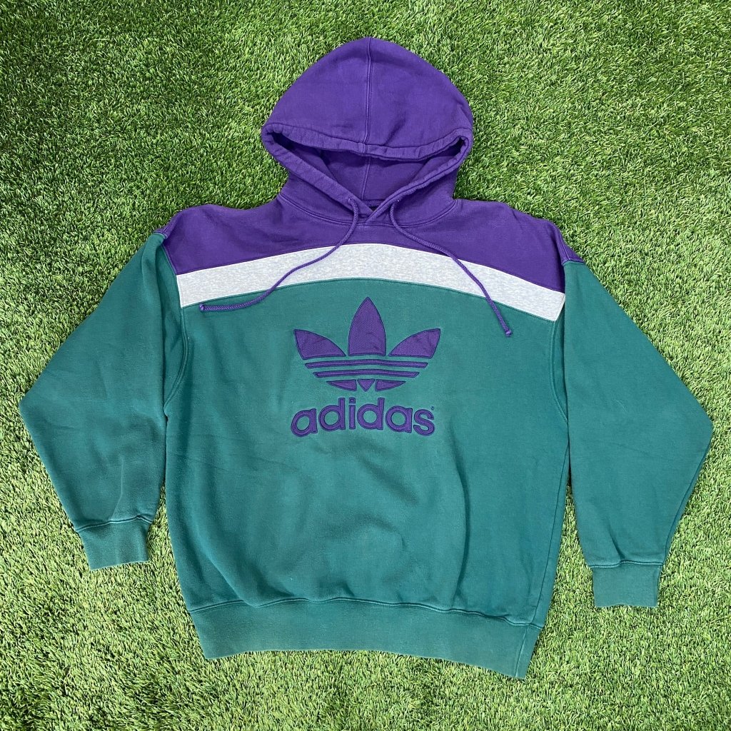 Vintage Adidas Green and Purple Hoodie, M - Banana Stand