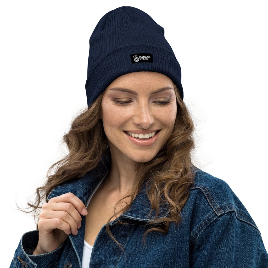 Organic Ribbed Beanie, Box Logo Navy - Banana Stand