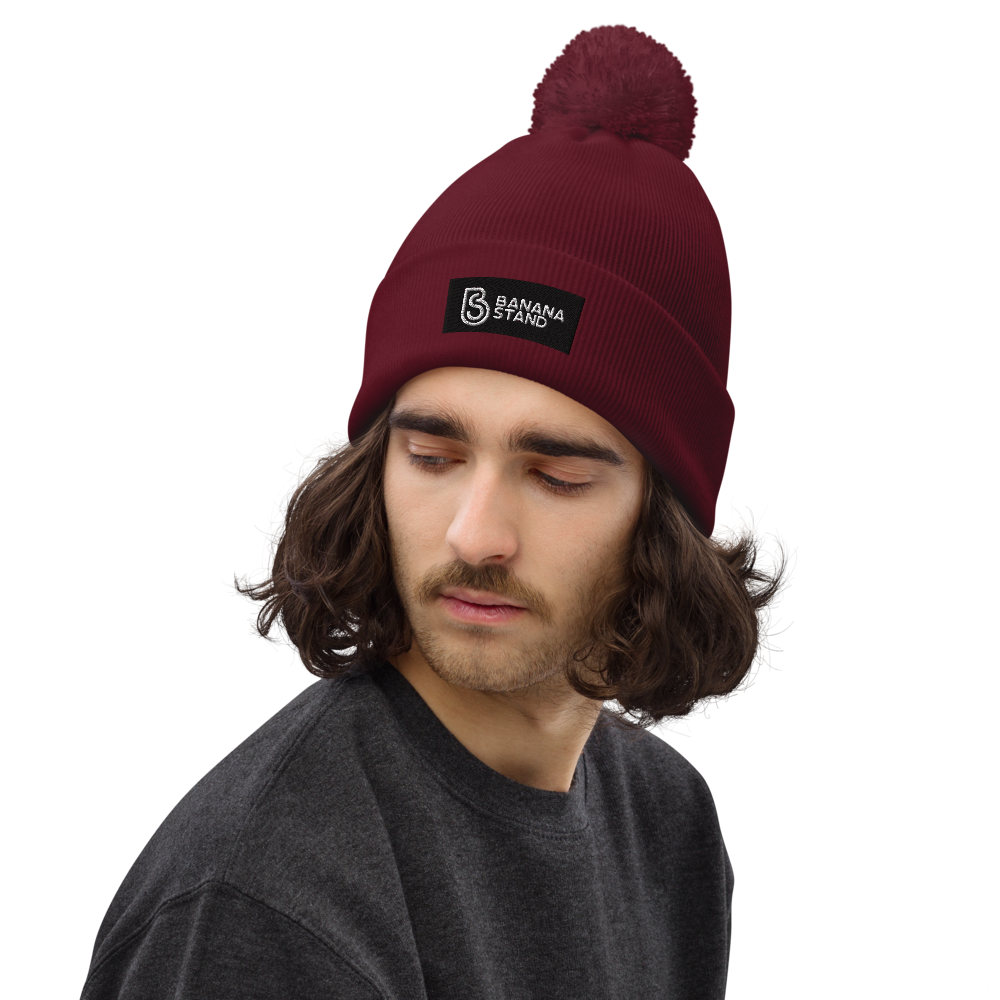 Pom-Pom Beanie, Box Logo Maroon